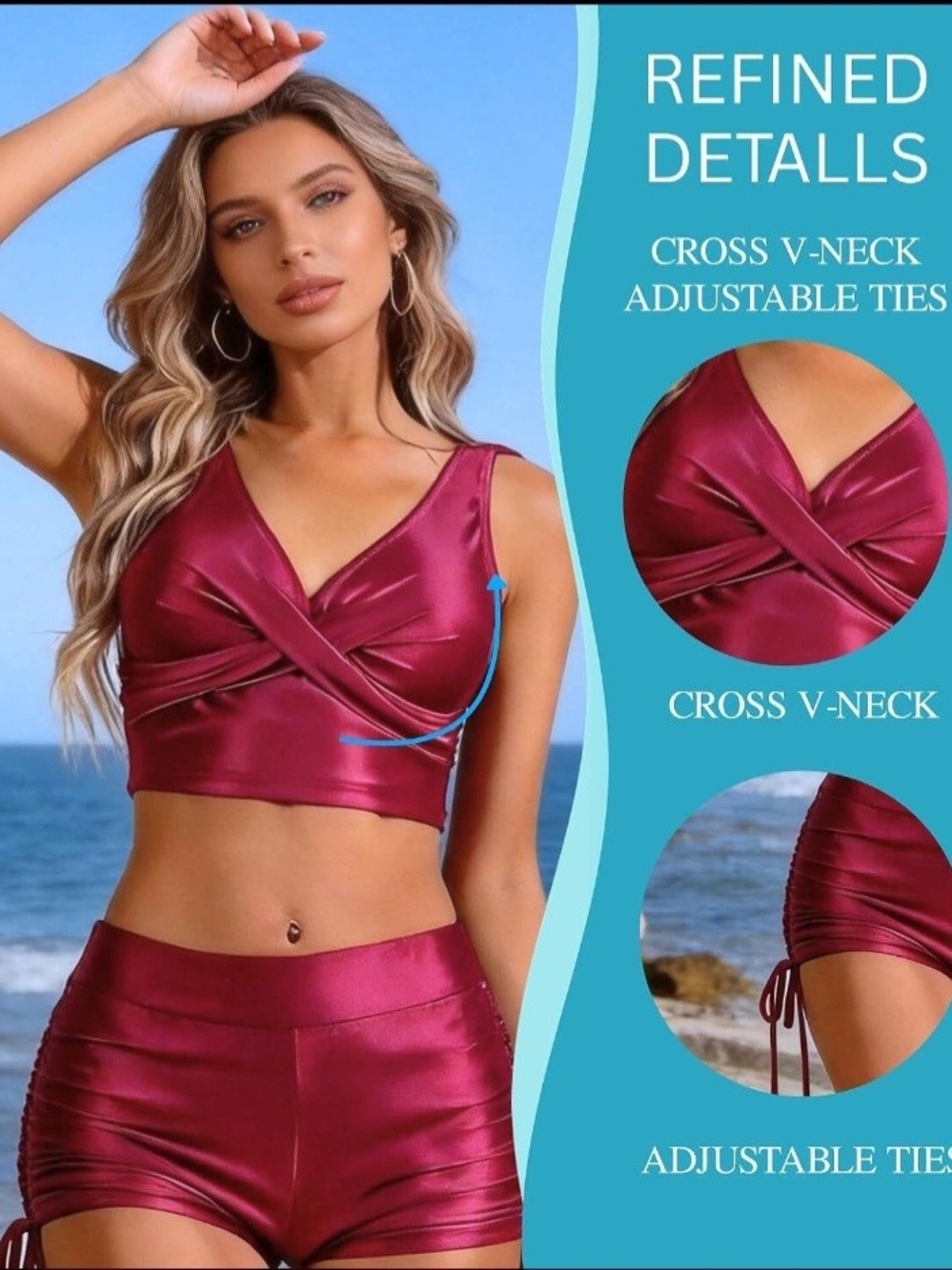 Kaperf Satin Twist-Front Swim Crop Top And Shorts